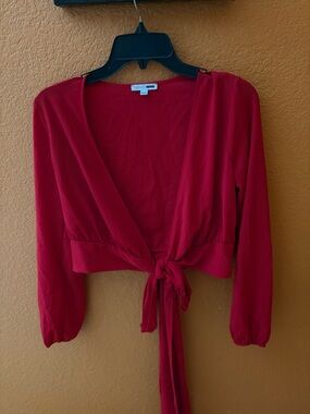 Fashion Nova Red Tie-Front Long Sleeve Crop Top no size fit small